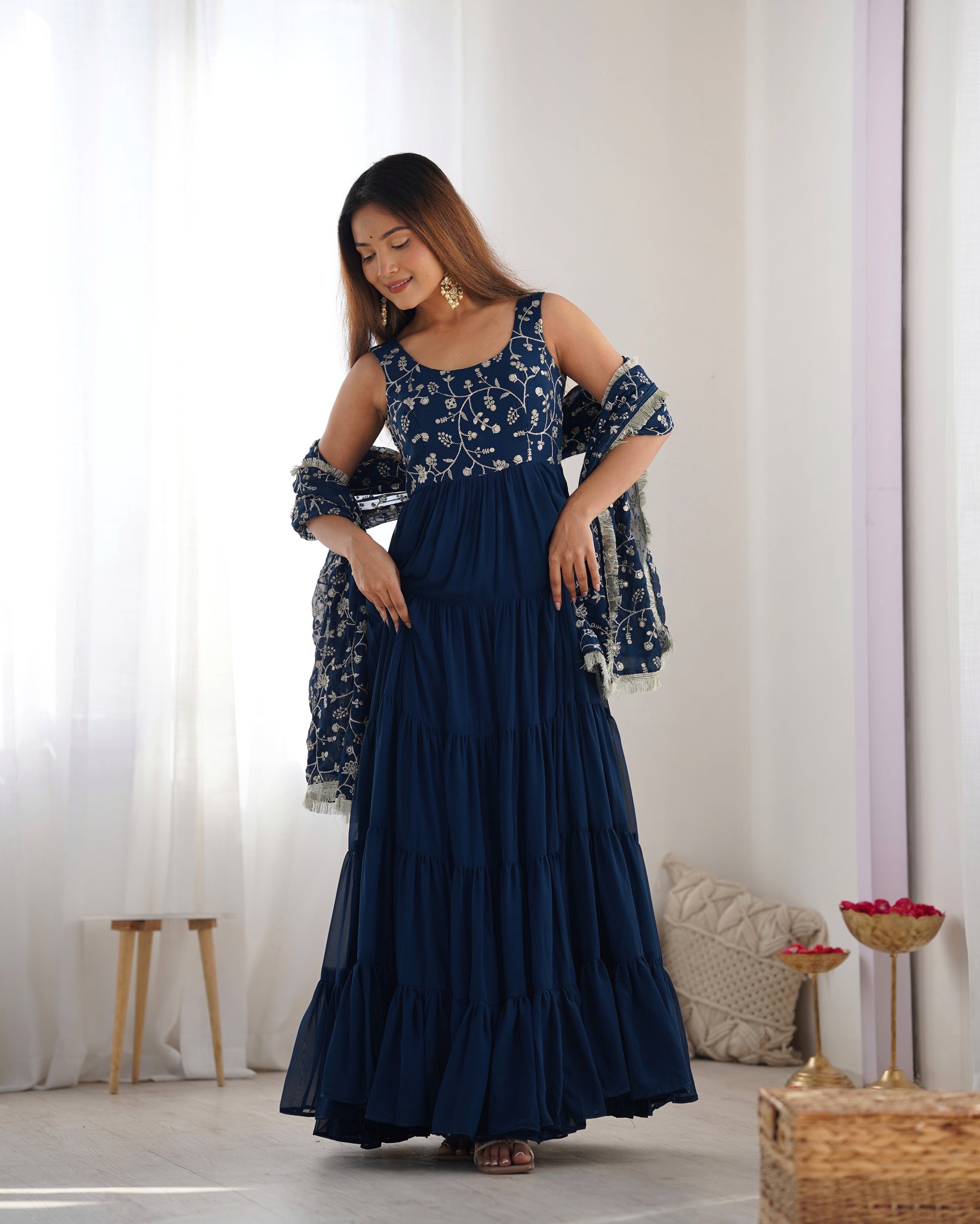 Lorenvalley Teal Faux Georgette Layer Gathering Anarkali Pant With Dupatta Set | Swadesiicart