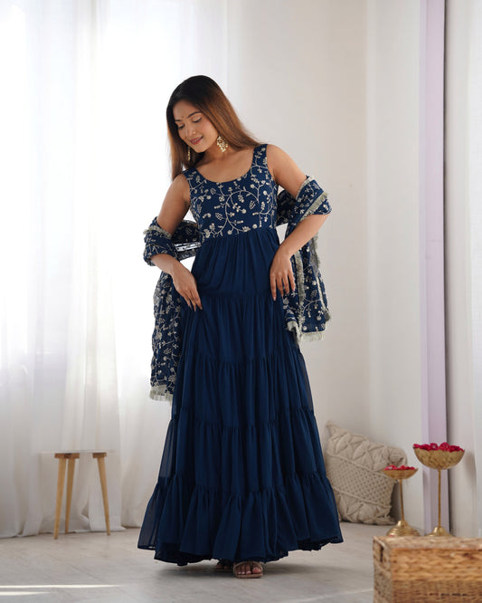 Lorenvalley Teal Faux Georgette Layer Gathering Anarkali Pant With Dupatta Set | Swadesiicart