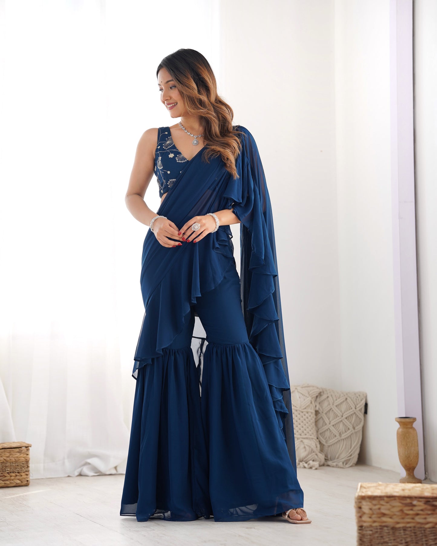 Lorenvalley Teal Faux Georgette Ready To Wear Sharara Saree with Full Stitched Blouse - Swadesiicart