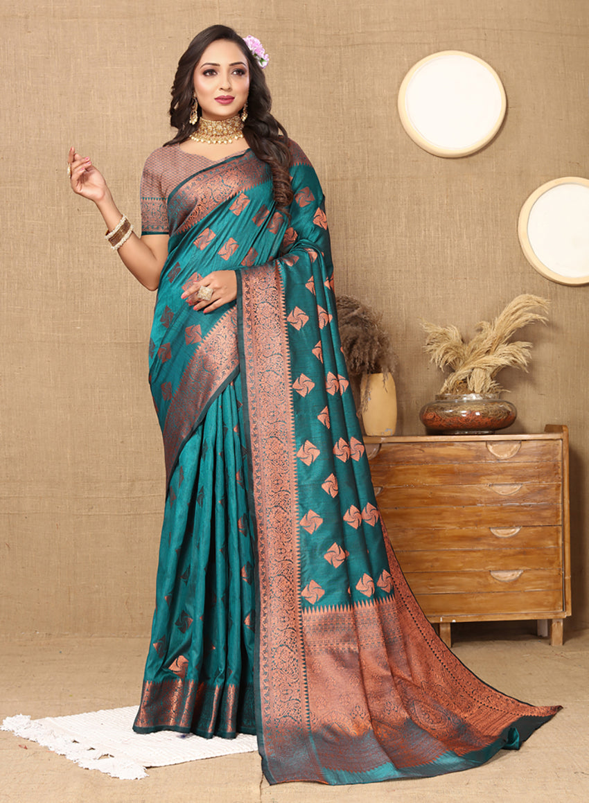 Lorenvalley Fashion Teal Soft Katan Silk Woven Design Copper Zari Weaving Saree - Swadesiicart