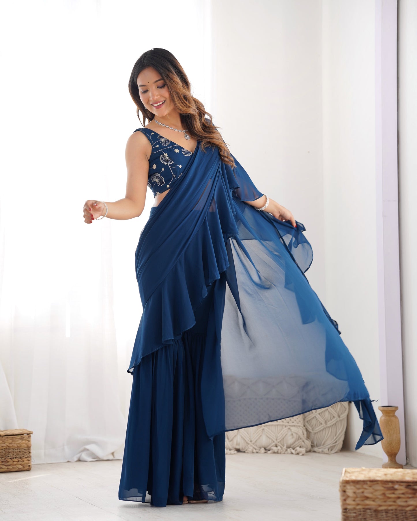 Lorenvalley Teal Faux Georgette Ready To Wear Sharara Saree with Full Stitched Blouse - Swadesiicart