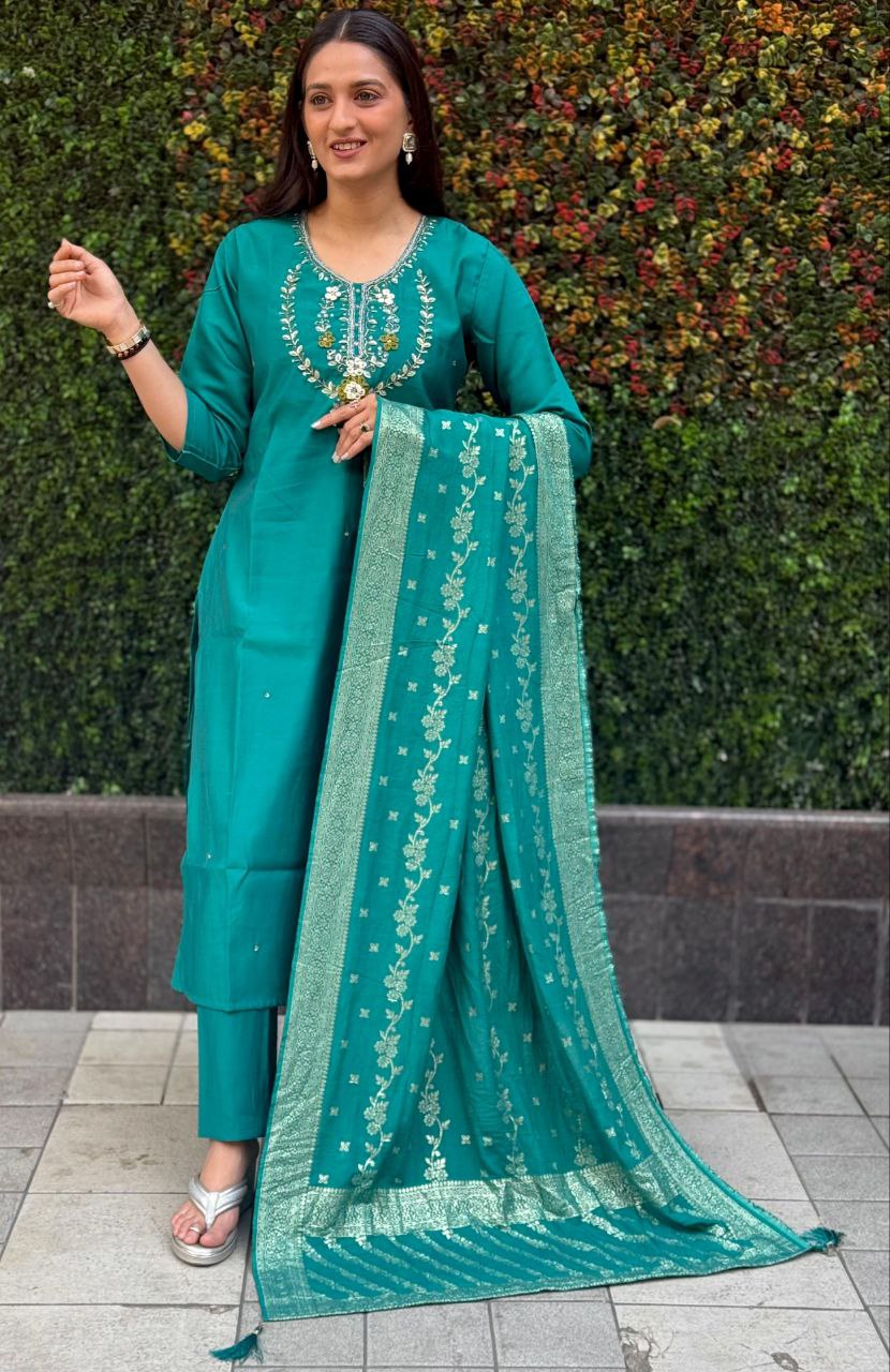 Lorenvalley Fashion Teal Roman Silk Hand Work Kurta Pant with Dupatta | Swadesiicart