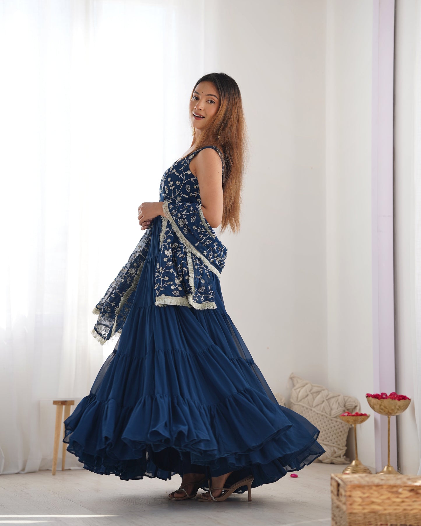 Lorenvalley Teal Faux Georgette Layer Gathering Anarkali Pant With Dupatta Set | Swadesiicart