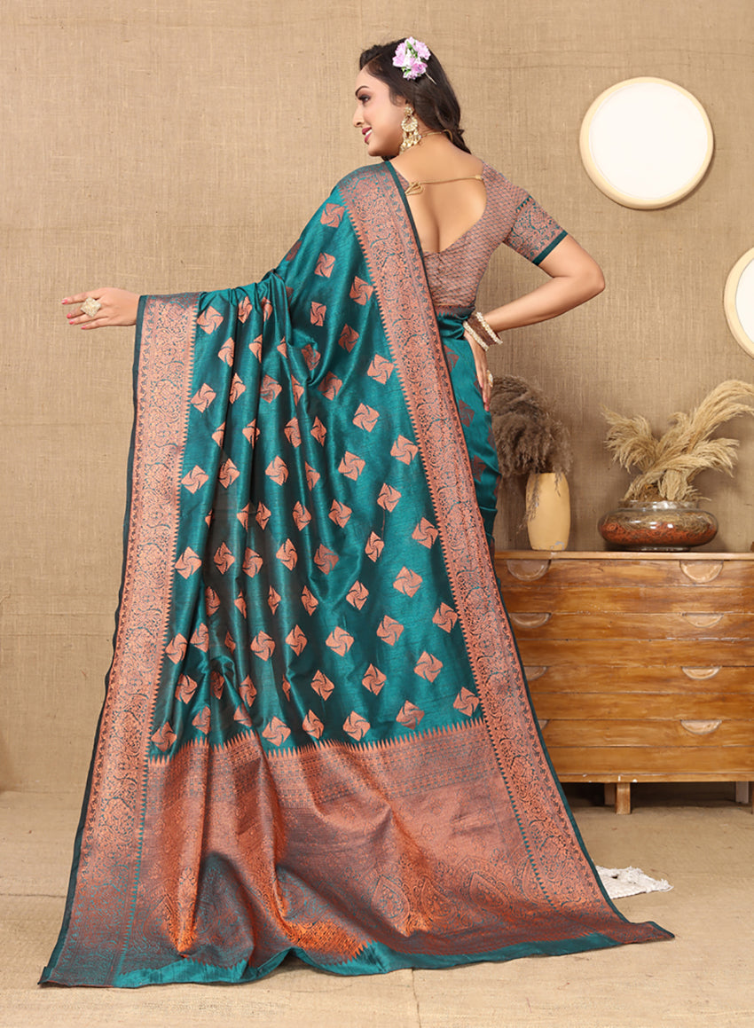 Lorenvalley Fashion Teal Soft Katan Silk Woven Design Copper Zari Weaving Saree - Swadesiicart