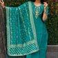 Lorenvalley Fashion Teal Roman Silk Hand Work Kurta Pant with Dupatta | Swadesiicart