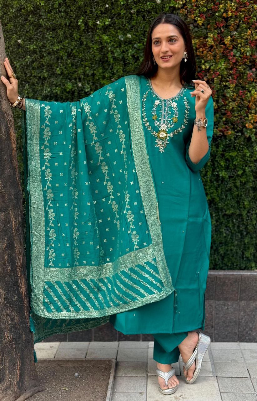 Lorenvalley Fashion Teal Roman Silk Hand Work Kurta Pant with Dupatta | Swadesiicart