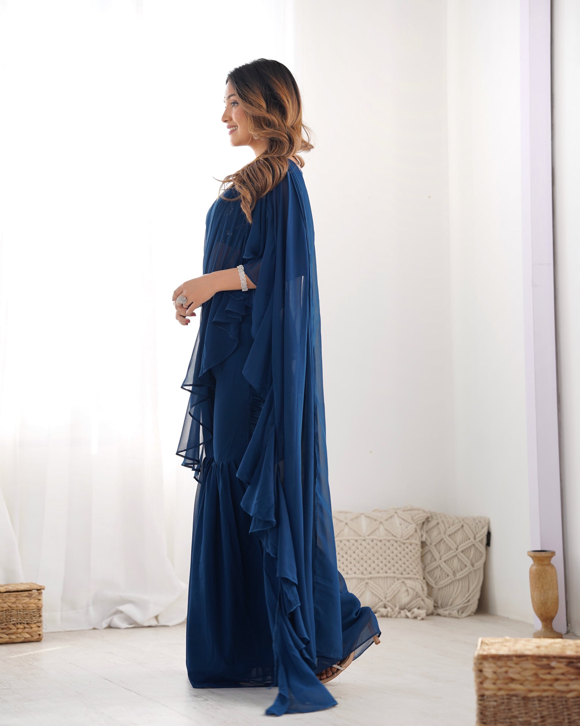 Lorenvalley Teal Faux Georgette Ready To Wear Sharara Saree with Full Stitched Blouse - Swadesiicart