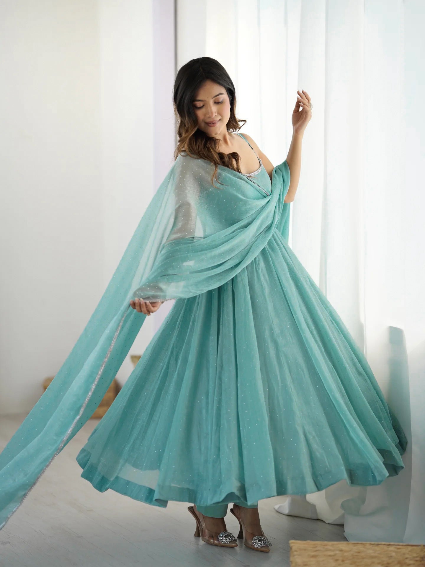 Lorenvalley Teal Crunchy Silk Fabric with Siroski Work Anarkali Pant With Dupatta Set - Swadesiicart