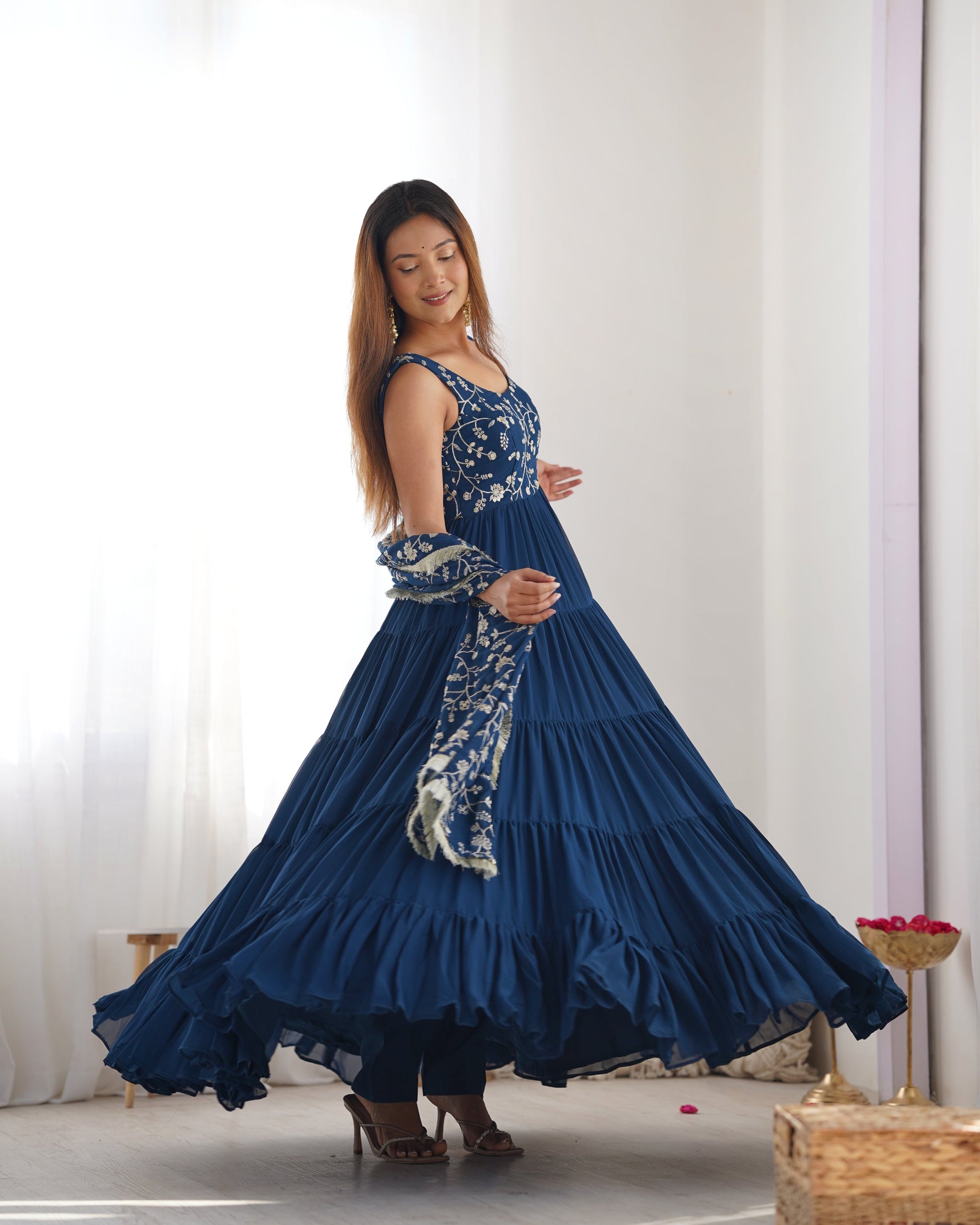 Lorenvalley Teal Faux Georgette Layer Gathering Anarkali Pant With Dupatta Set | Swadesiicart
