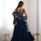 Lorenvalley Teal Faux Georgette Layer Gathering Anarkali Pant With Dupatta Set | Swadesiicart