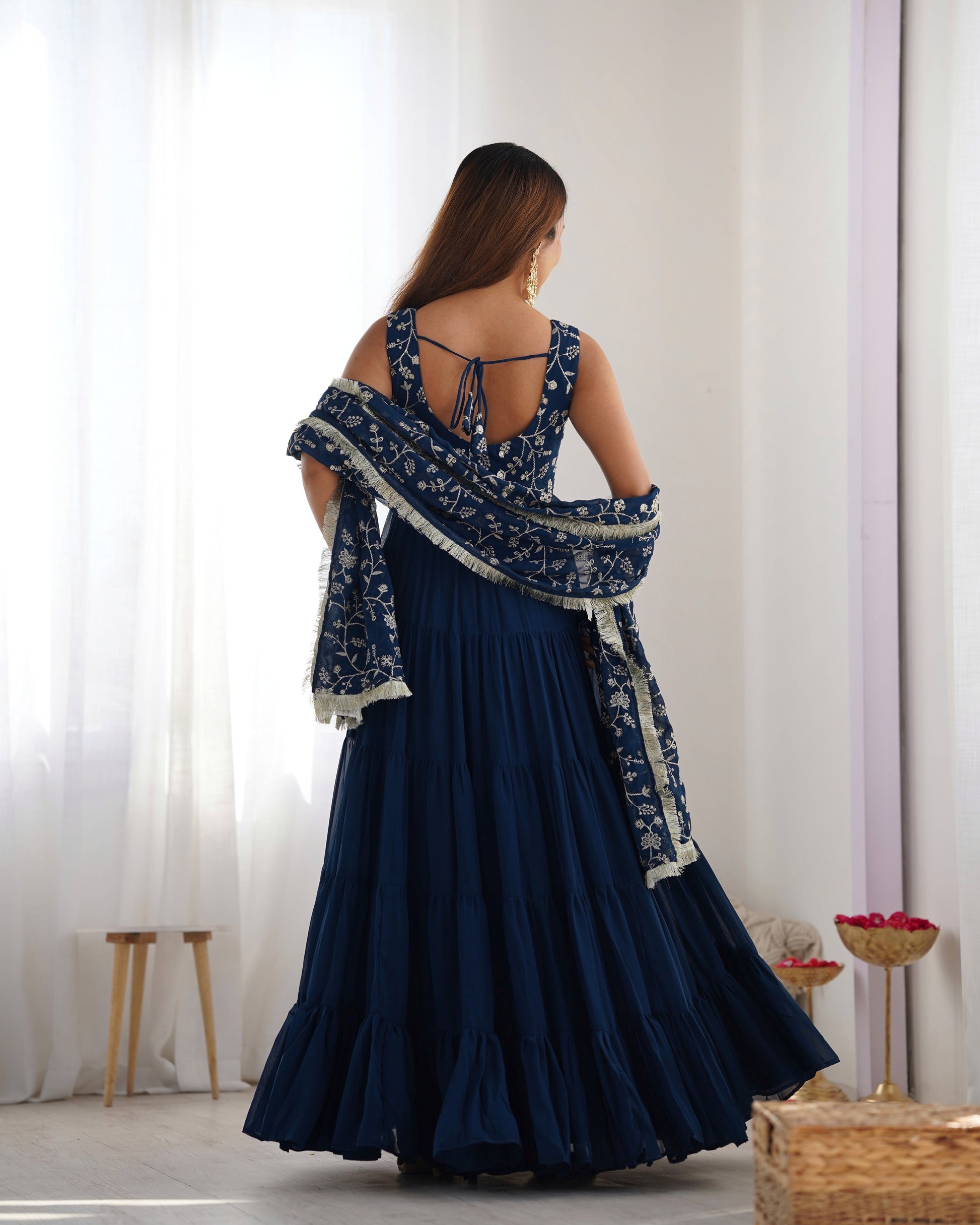 Lorenvalley Teal Faux Georgette Layer Gathering Anarkali Pant With Dupatta Set | Swadesiicart