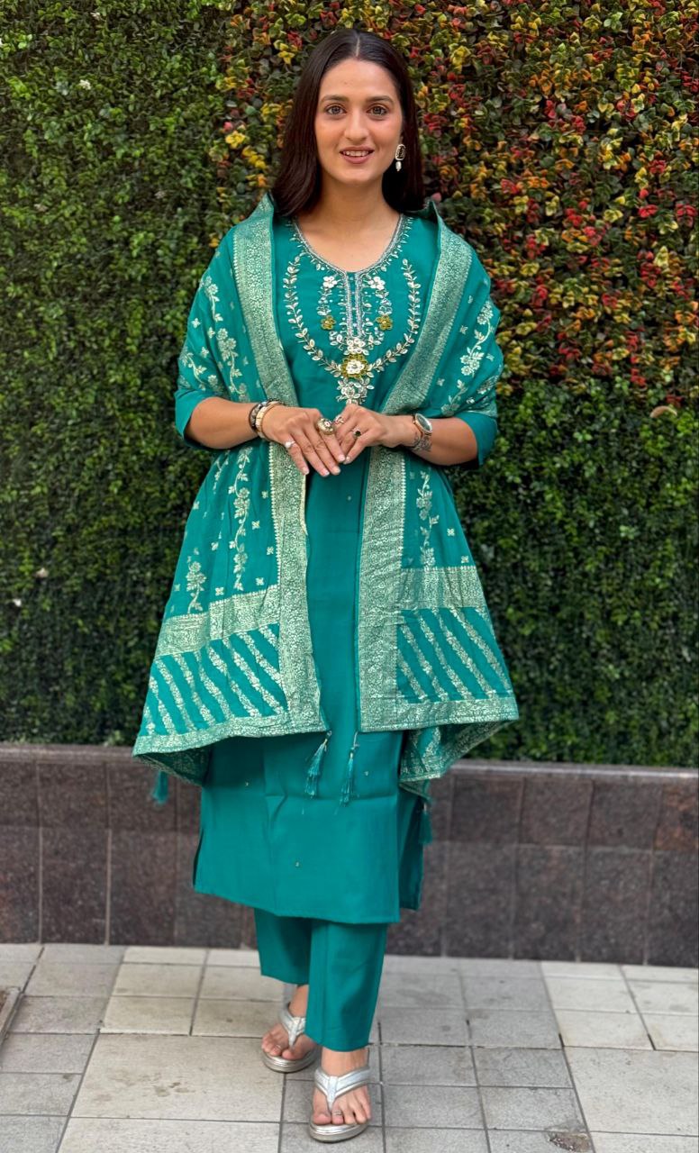 Lorenvalley Fashion Teal Roman Silk Hand Work Kurta Pant with Dupatta | Swadesiicart