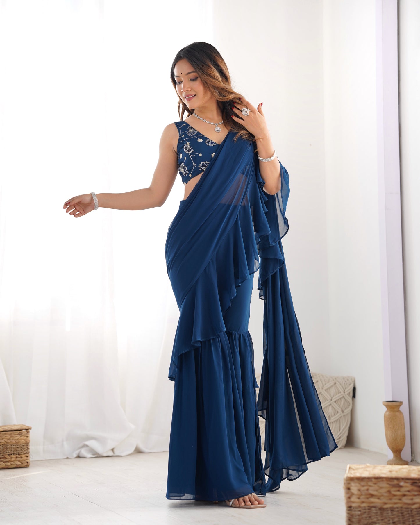 Lorenvalley Teal Faux Georgette Ready To Wear Sharara Saree with Full Stitched Blouse - Swadesiicart
