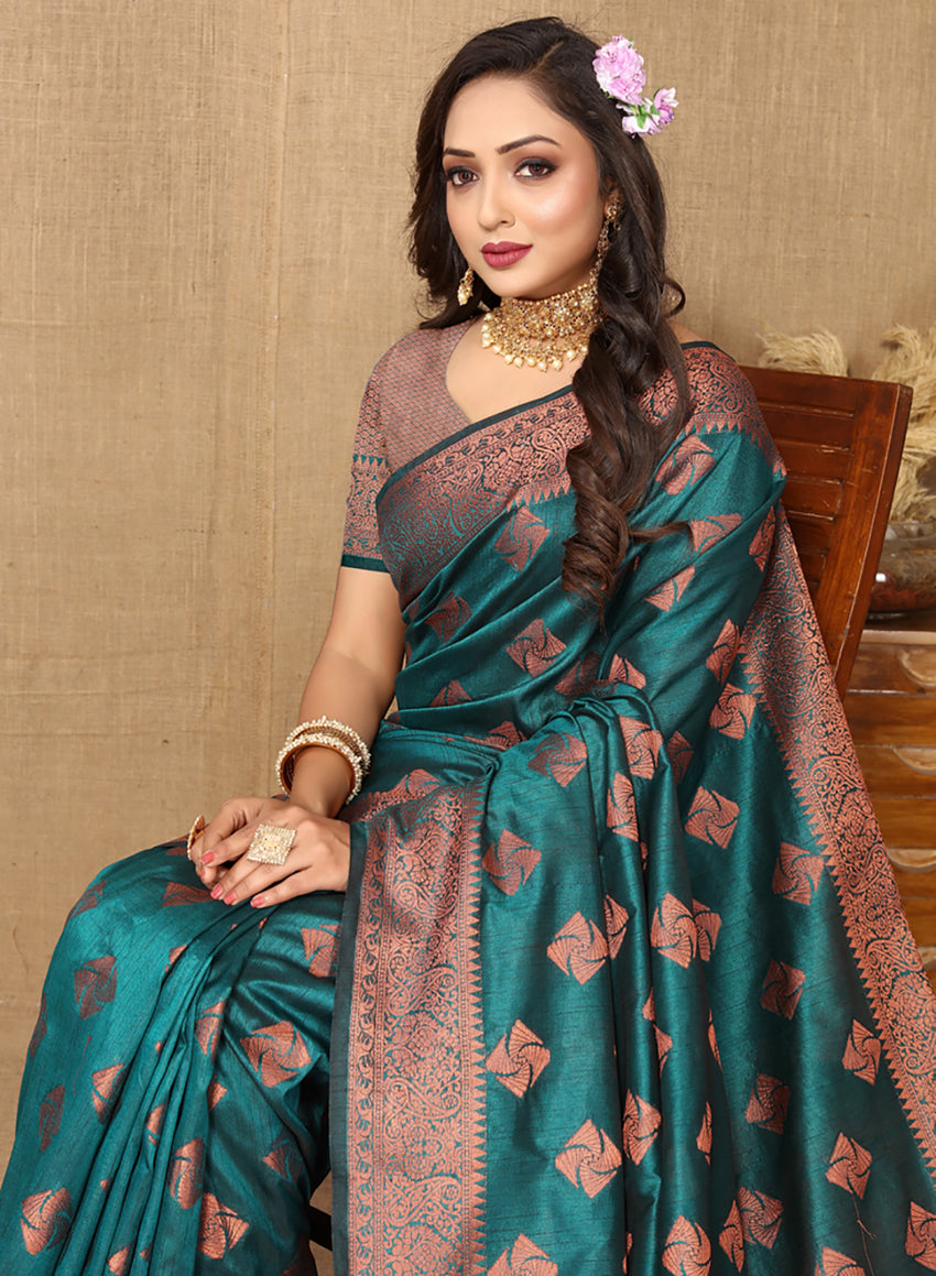 Lorenvalley Fashion Teal Soft Katan Silk Woven Design Copper Zari Weaving Saree - Swadesiicart