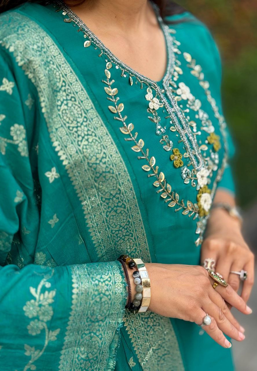 Lorenvalley Fashion Teal Roman Silk Hand Work Kurta Pant with Dupatta | Swadesiicart