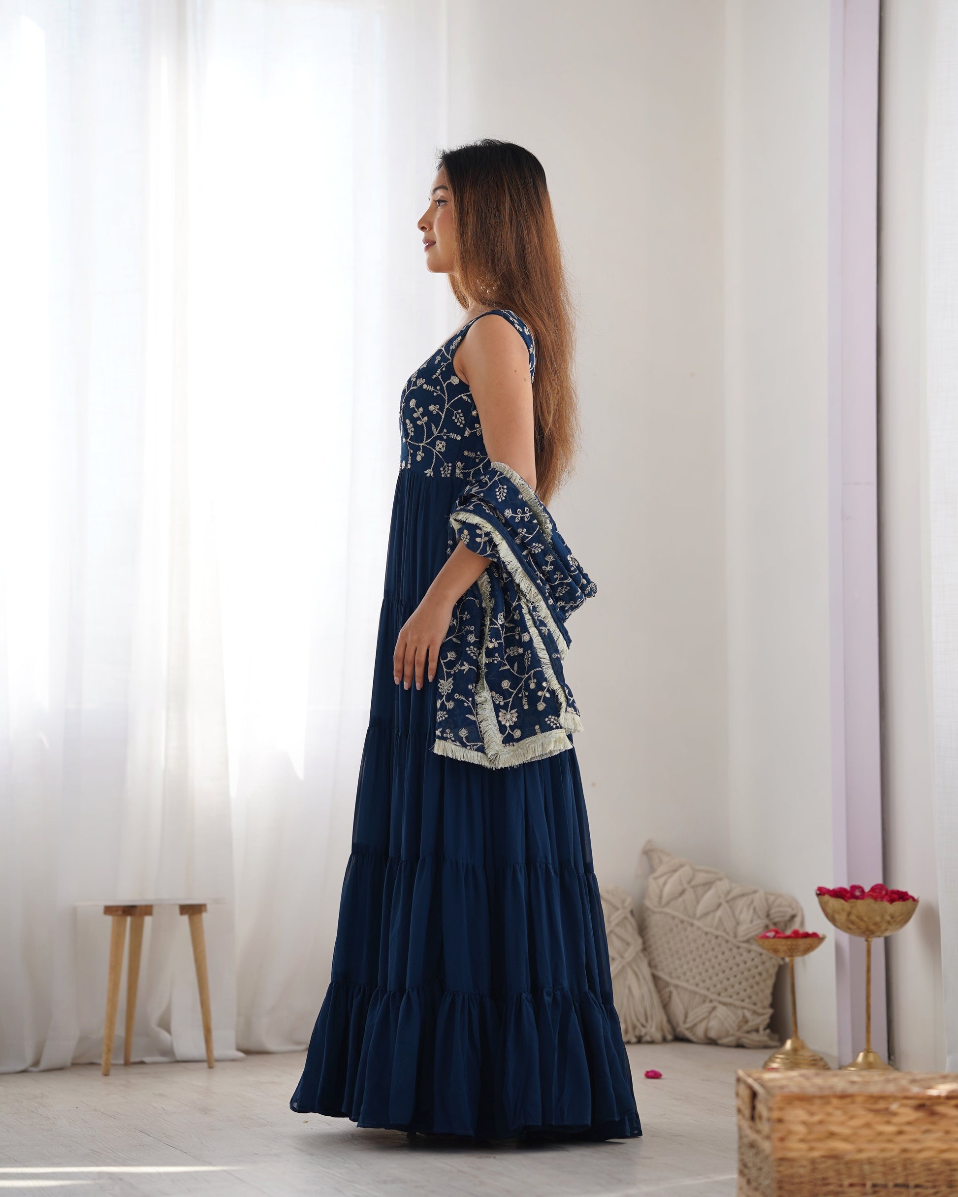 Lorenvalley Teal Faux Georgette Layer Gathering Anarkali Pant With Dupatta Set | Swadesiicart