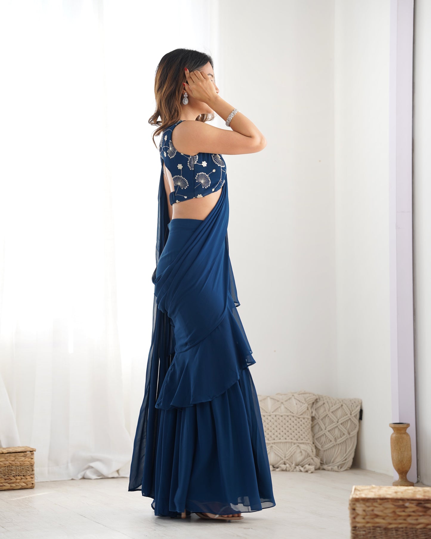 Lorenvalley Teal Faux Georgette Ready To Wear Sharara Saree with Full Stitched Blouse - Swadesiicart
