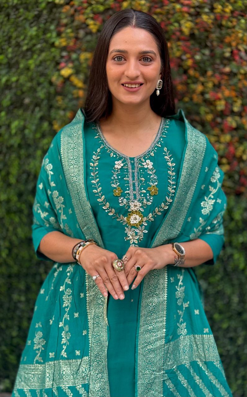 Lorenvalley Fashion Teal Roman Silk Hand Work Kurta Pant with Dupatta | Swadesiicart