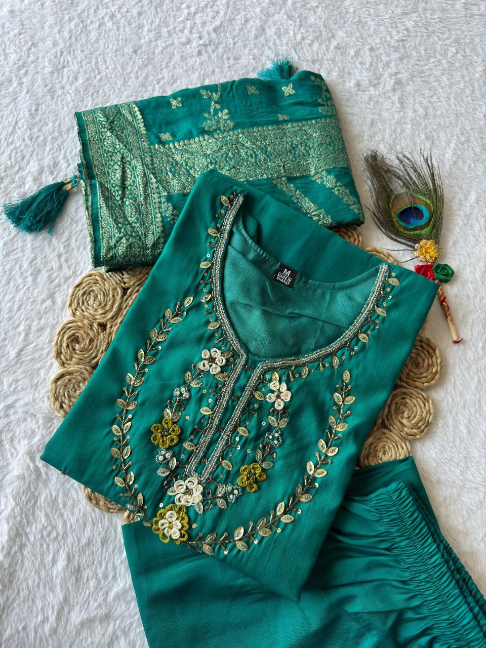 Lorenvalley Fashion Teal Roman Silk Hand Work Kurta Pant with Dupatta | Swadesiicart