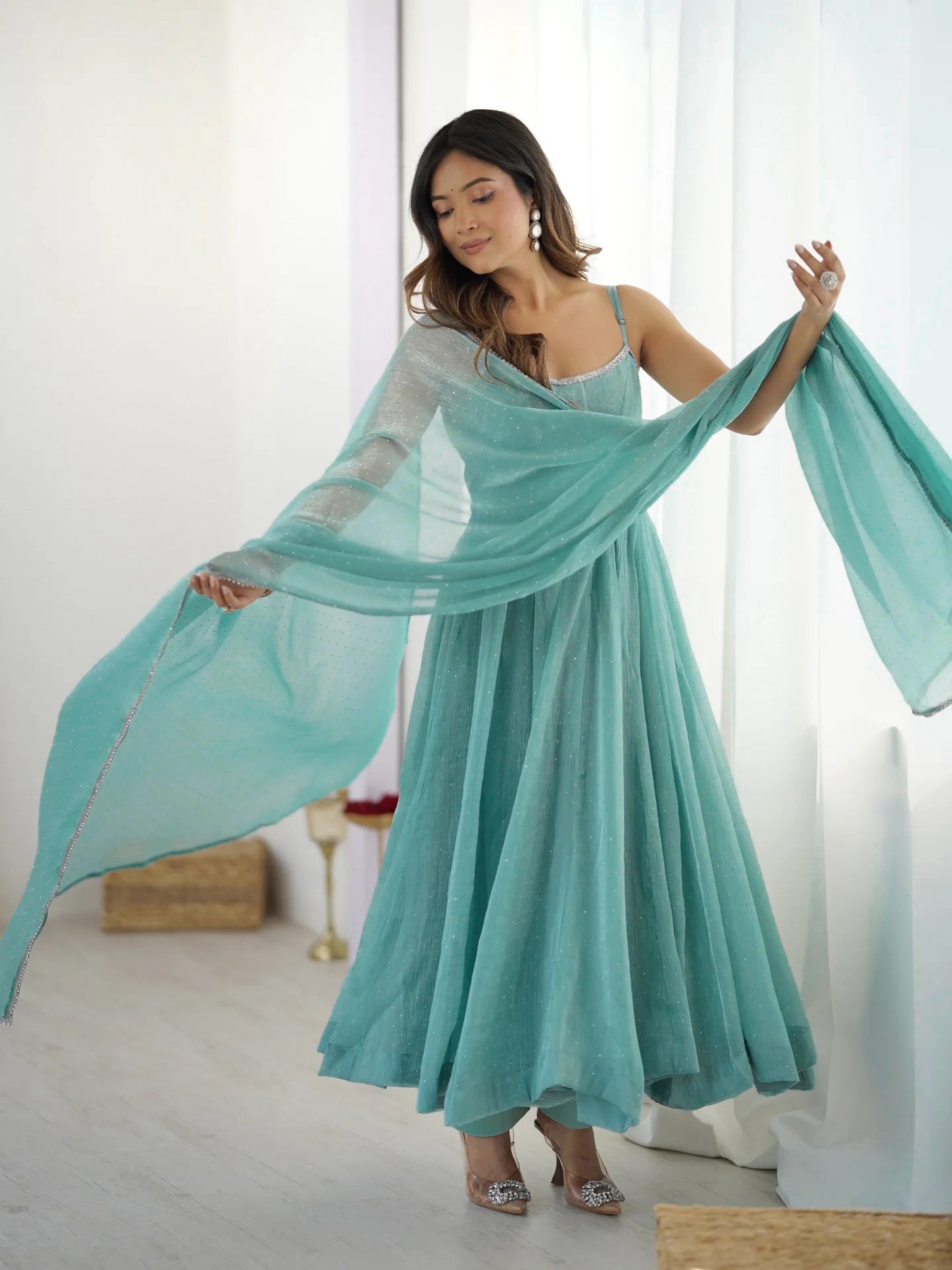 Lorenvalley Teal Crunchy Silk Fabric with Siroski Work Anarkali Pant With Dupatta Set | Swadesiicart