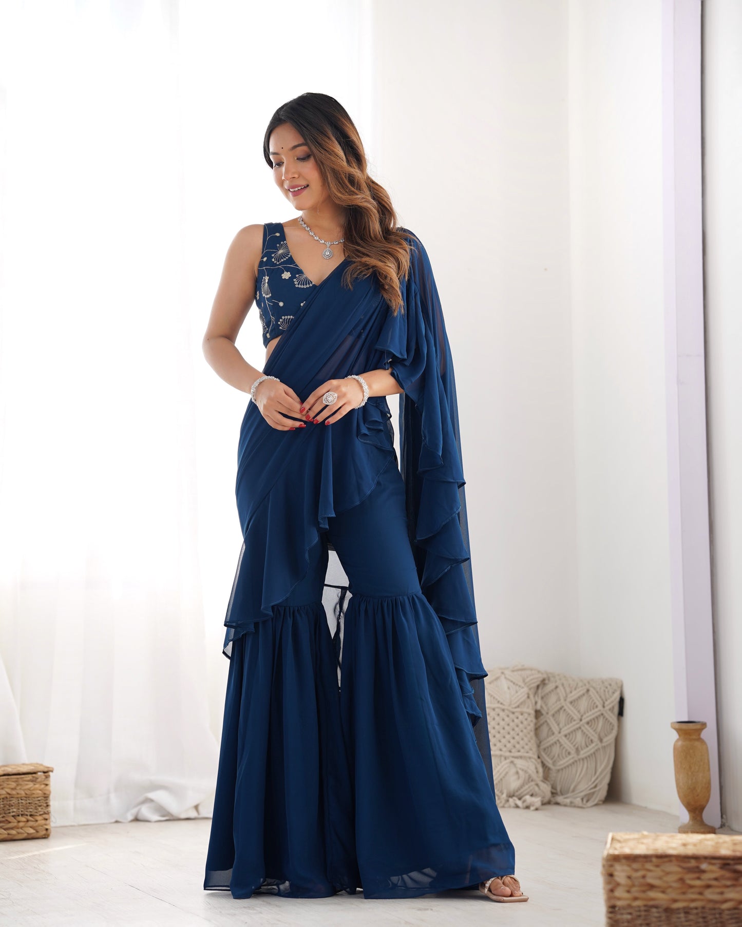 Lorenvalley Teal Faux Georgette Ready To Wear Sharara Saree with Full Stitched Blouse - Swadesiicart