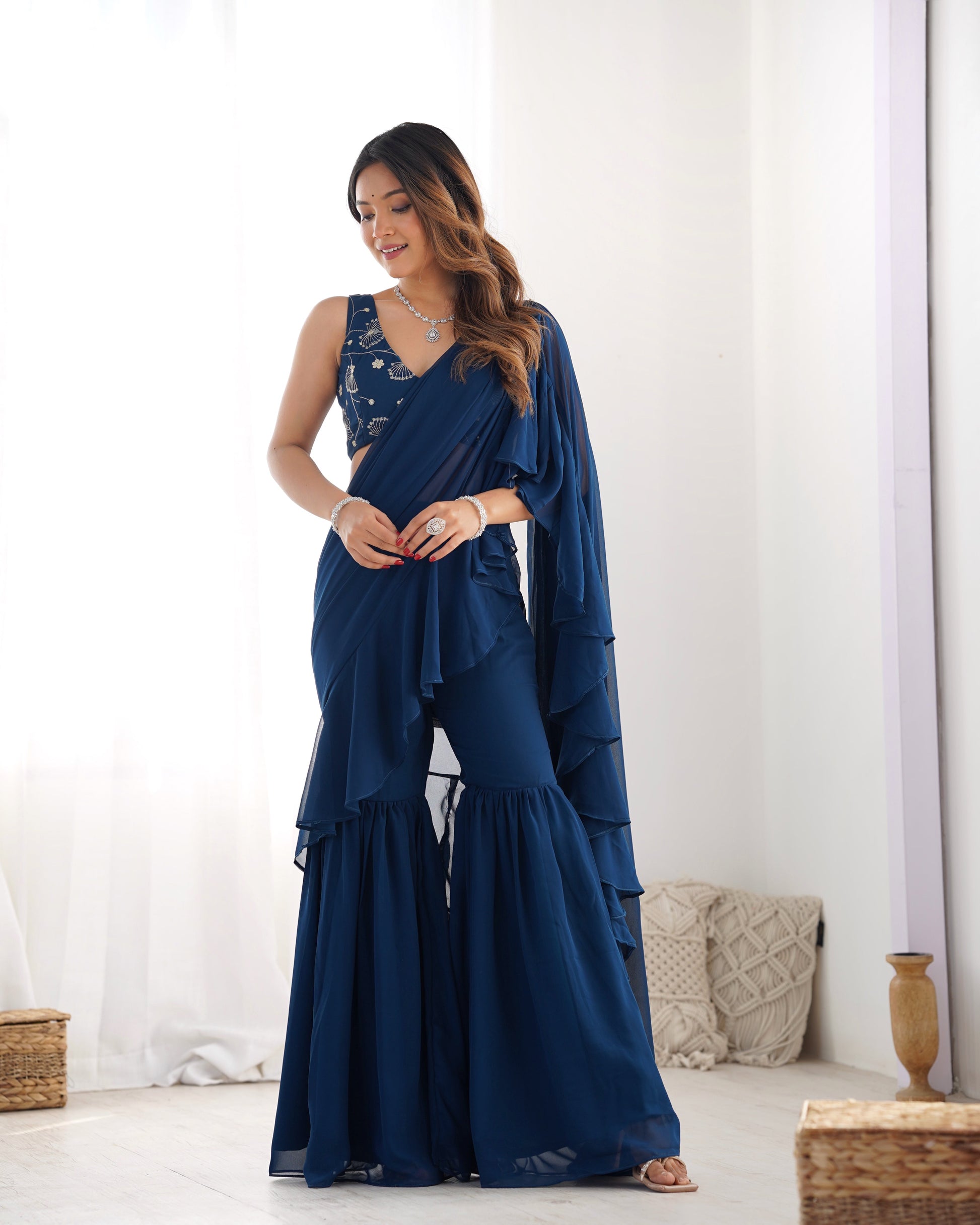 Lorenvalley Teal Faux Georgette Ready To Wear Sharara Saree with Full Stitched Blouse - Swadesiicart