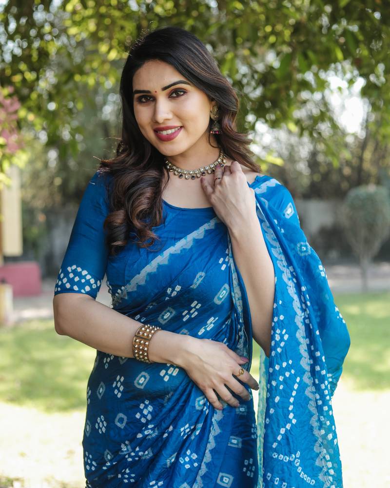 Anaita Teal Woven Design Pure Bandhej Silk Saree With Blouse