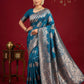 Anaita Teal Silk Blend Woven Saree With Blouse