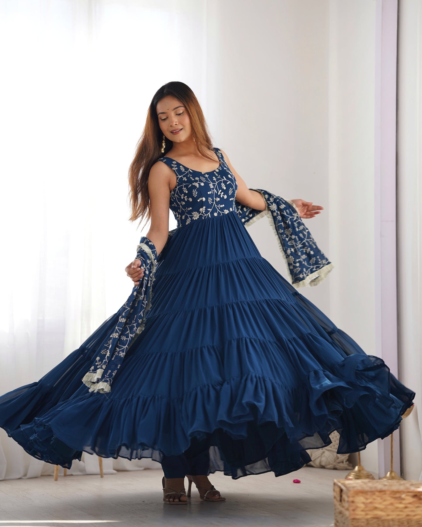 Lorenvalley Teal Faux Georgette Layer Gathering Anarkali Pant With Dupatta Set | Swadesiicart