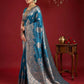 Anaita Teal Silk Blend Woven Saree With Blouse