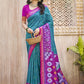 Anaita Teal Pochampally Silk Saree With Floral Printed Work With Blouse