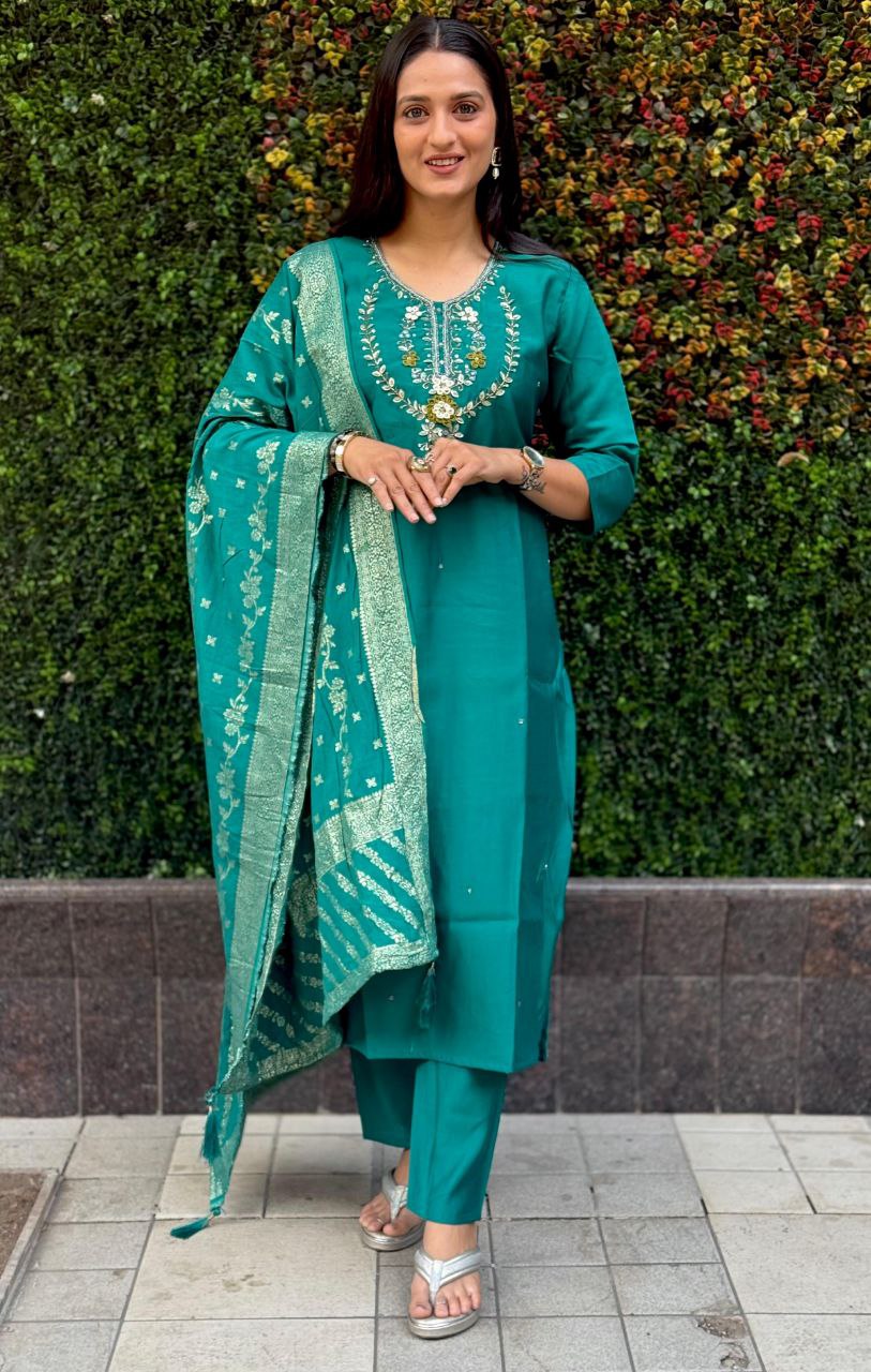 Lorenvalley Fashion Teal Roman Silk Hand Work Kurta Pant with Dupatta | Swadesiicart