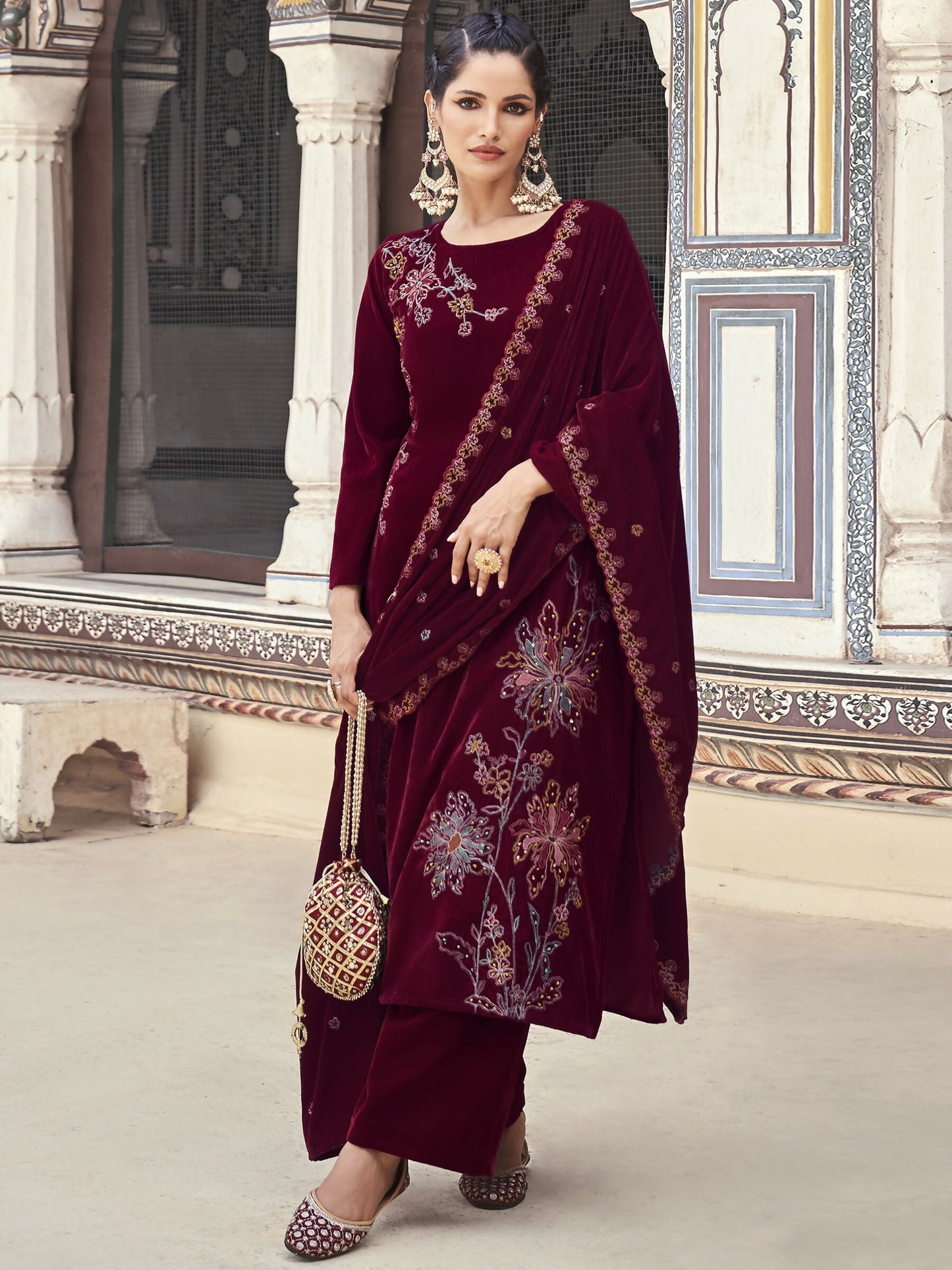 Jyoti Fashion Women's Maroon Velvet Resham Thread with Jari & Sequin Kurta with Trouser & Dupatta | Swadesiicart