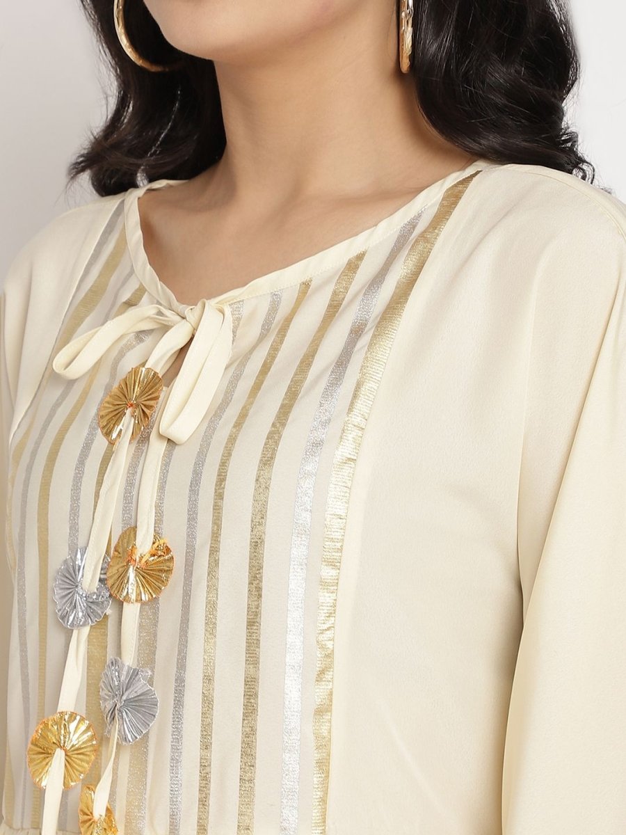 Ahalyaa Women Off White Printed Gotta Patti Kaftan Style Kurta With Palazzos | Swadesiicart