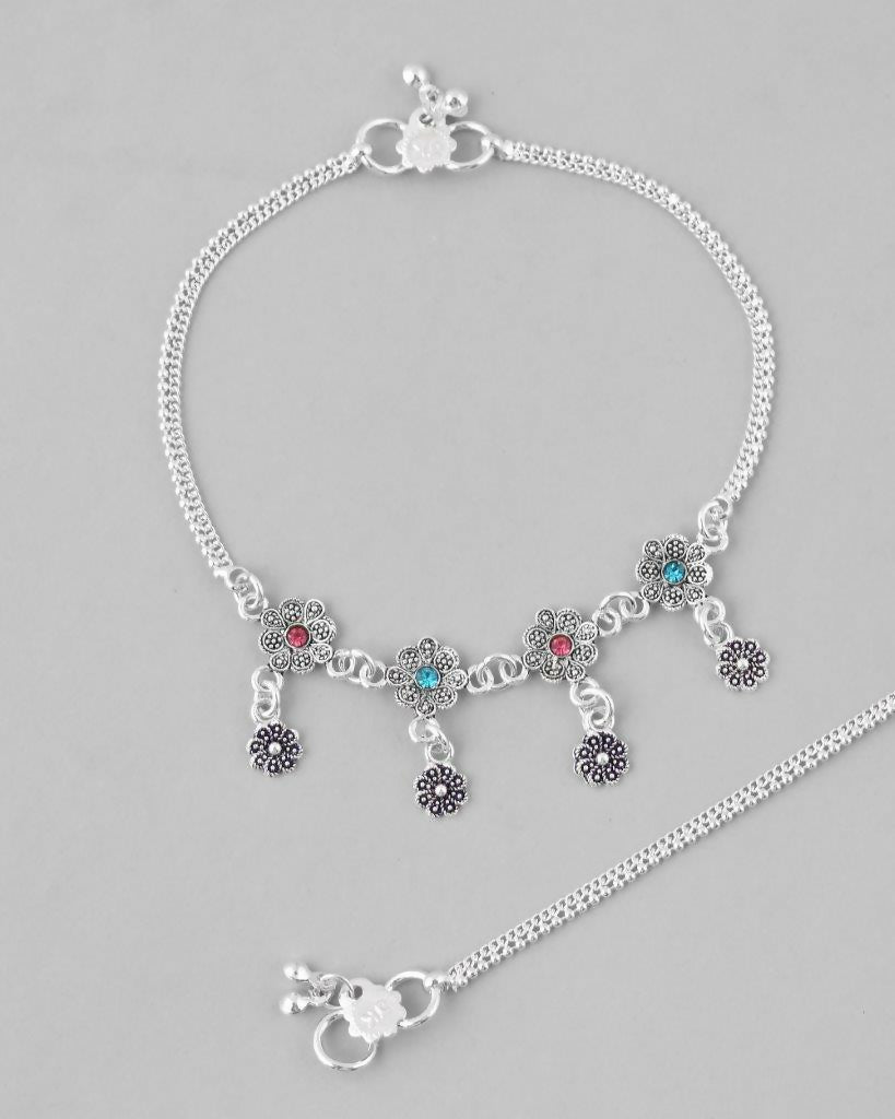VOJ Set of 2 Silver Plated Flower Shaped Meenakari Anklet - Swadesiicart