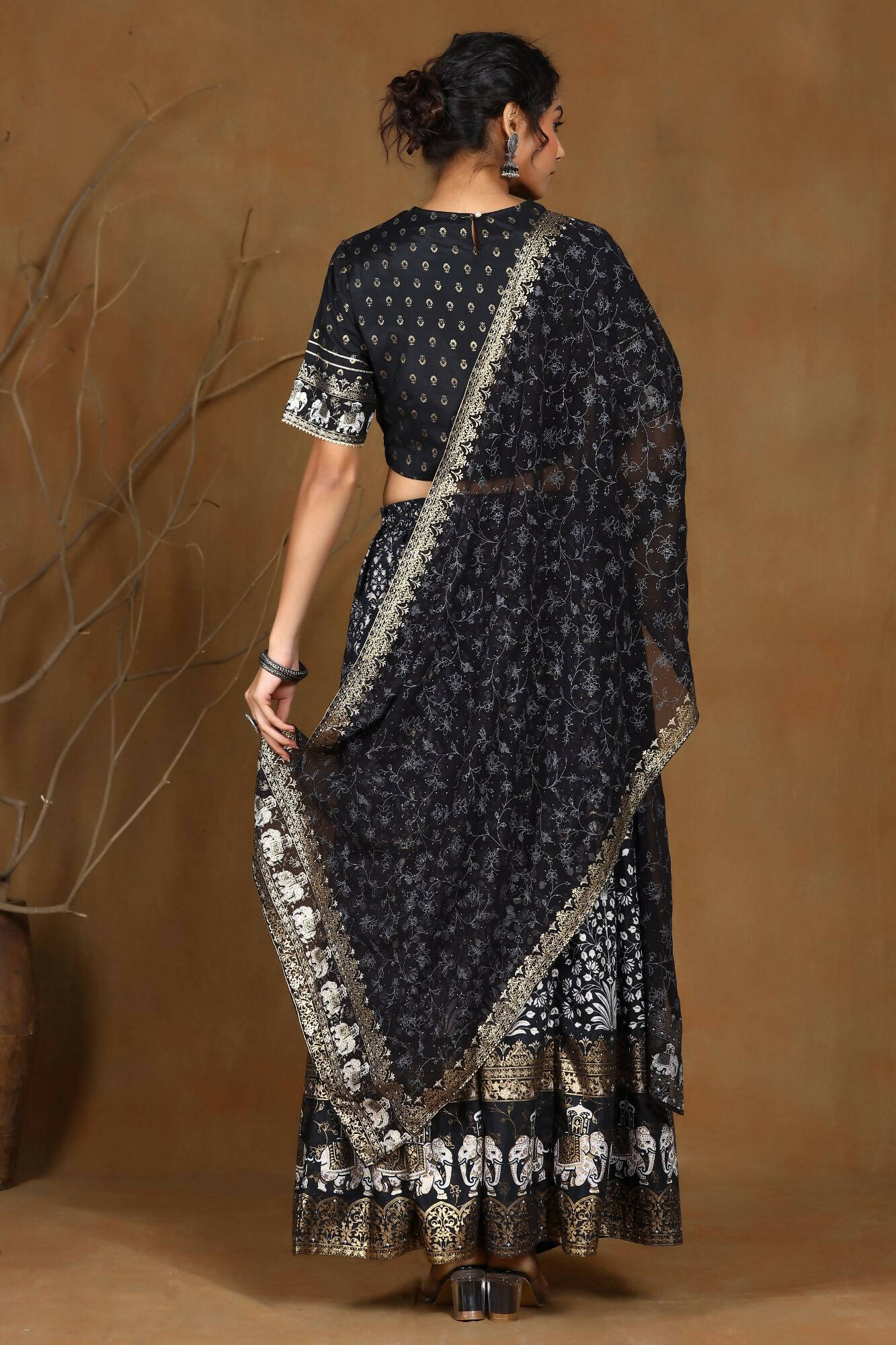 Juniper Women Black Shantoon Embroidered Flared Lehenga Choli Sets | Swadesiicart