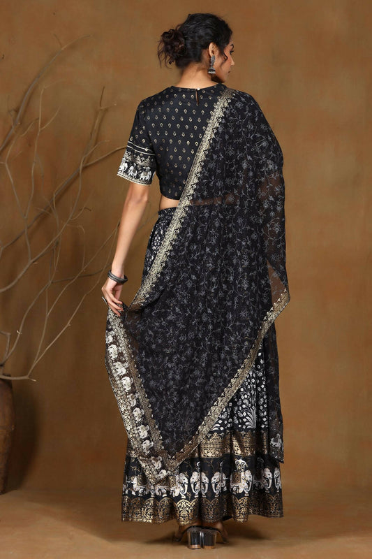 Juniper Women Black Shantoon Embroidered Flared Lehenga Choli Sets | Swadesiicart