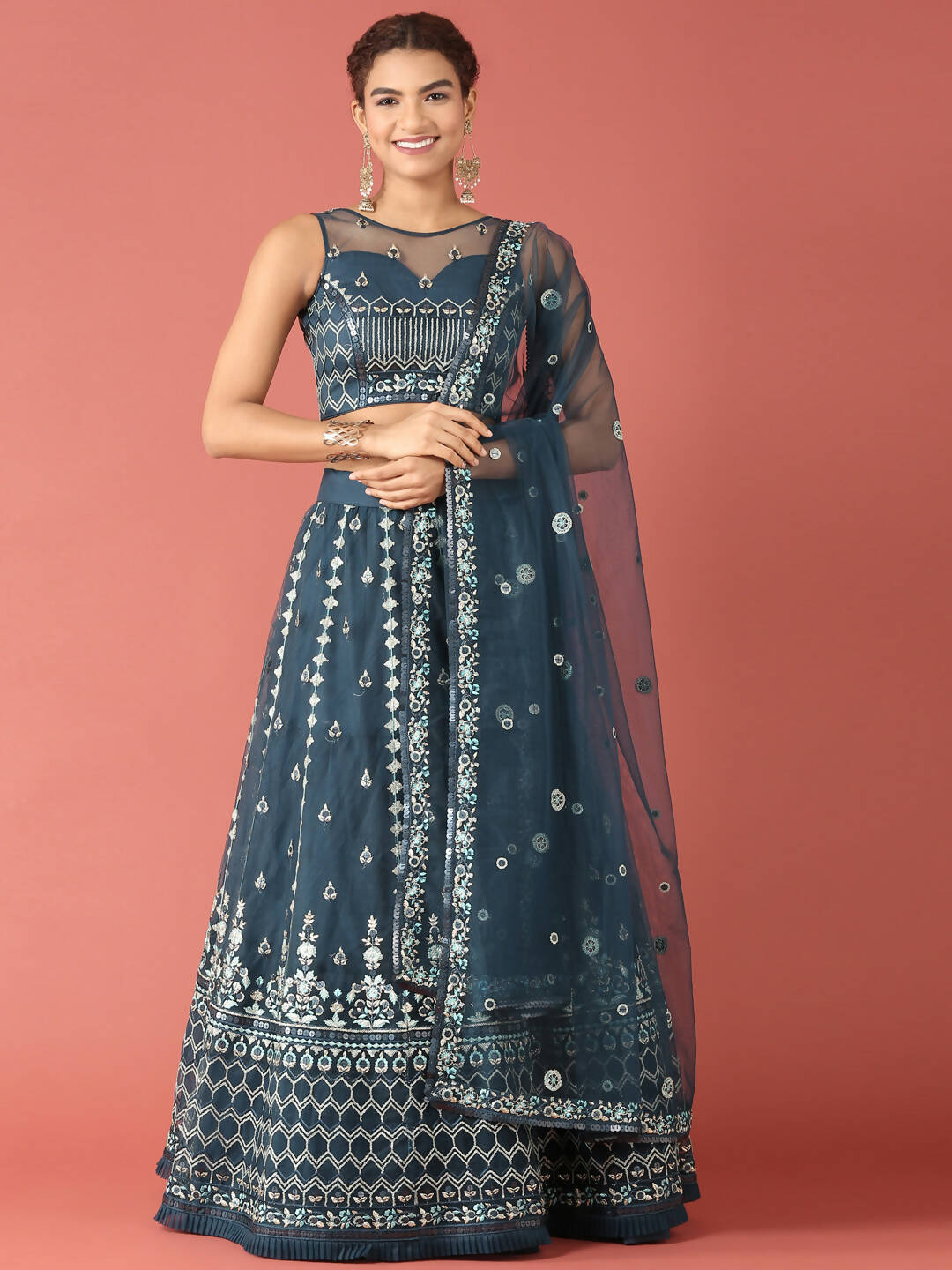 House of Panchhi Navy Blue Net Sequinse Work Lehenga & Blouse, Dupatta | Swadesiicart