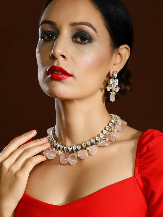 Blush Pink Kundan Choker with Earrings- Ruby Raang | Swadesiicart