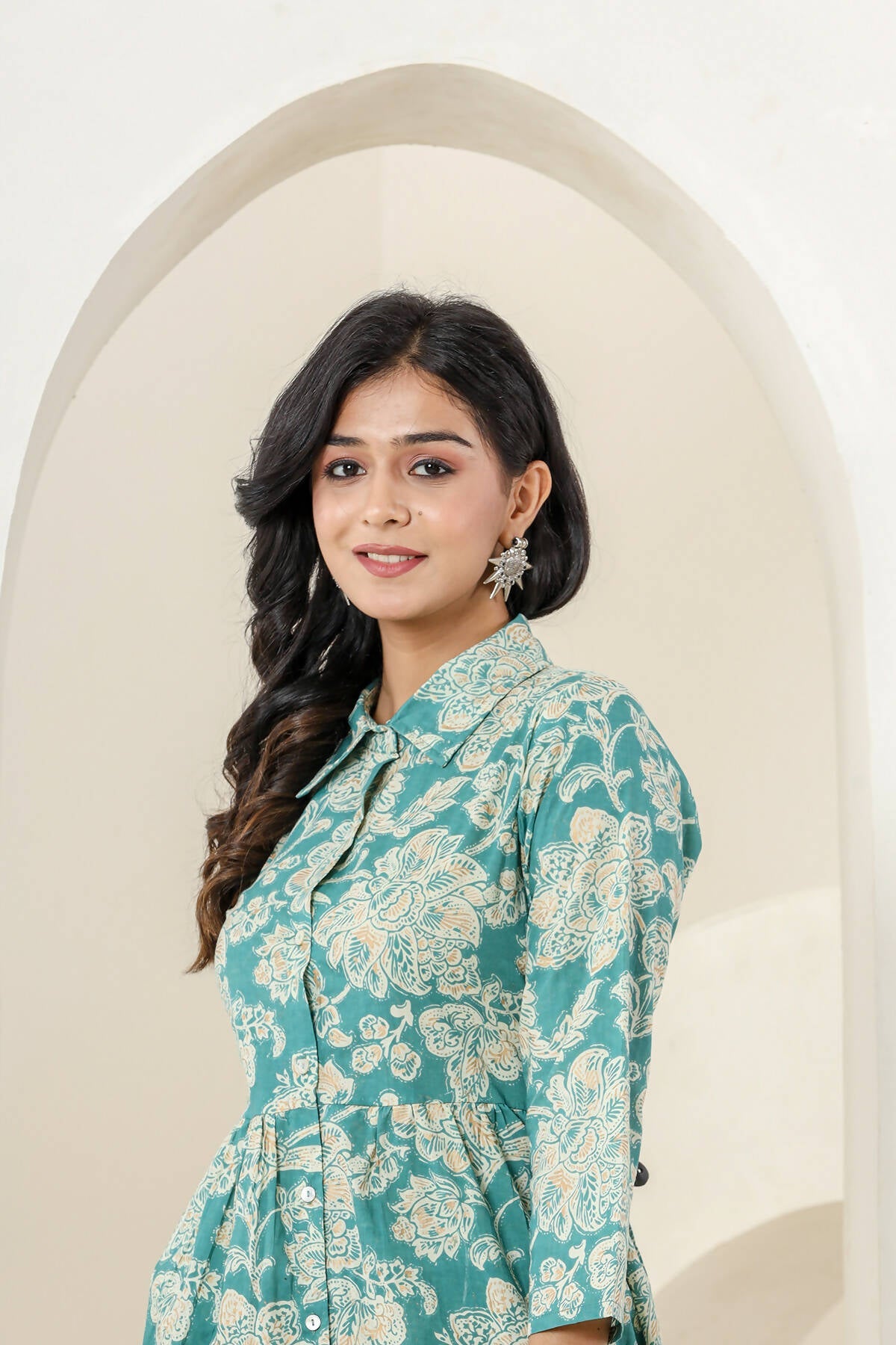 Kaajh Women's Turqouise Gold Print Cotton Co-ord Set - Swadesiicart
