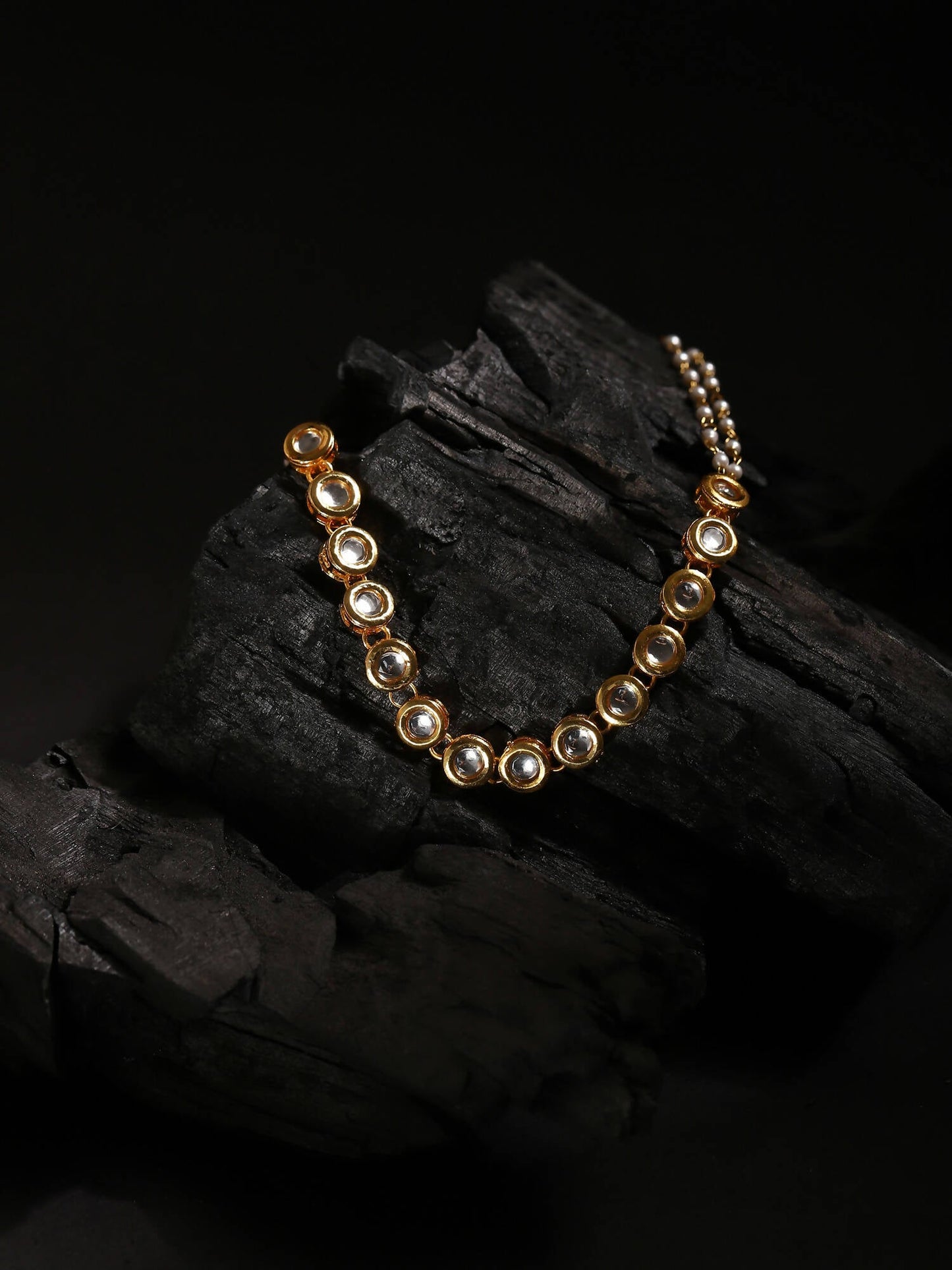 Gold-Polished White Kundan-Studded Pearl Beaded Matha Patti - Ruby Raang | Swadesiicart