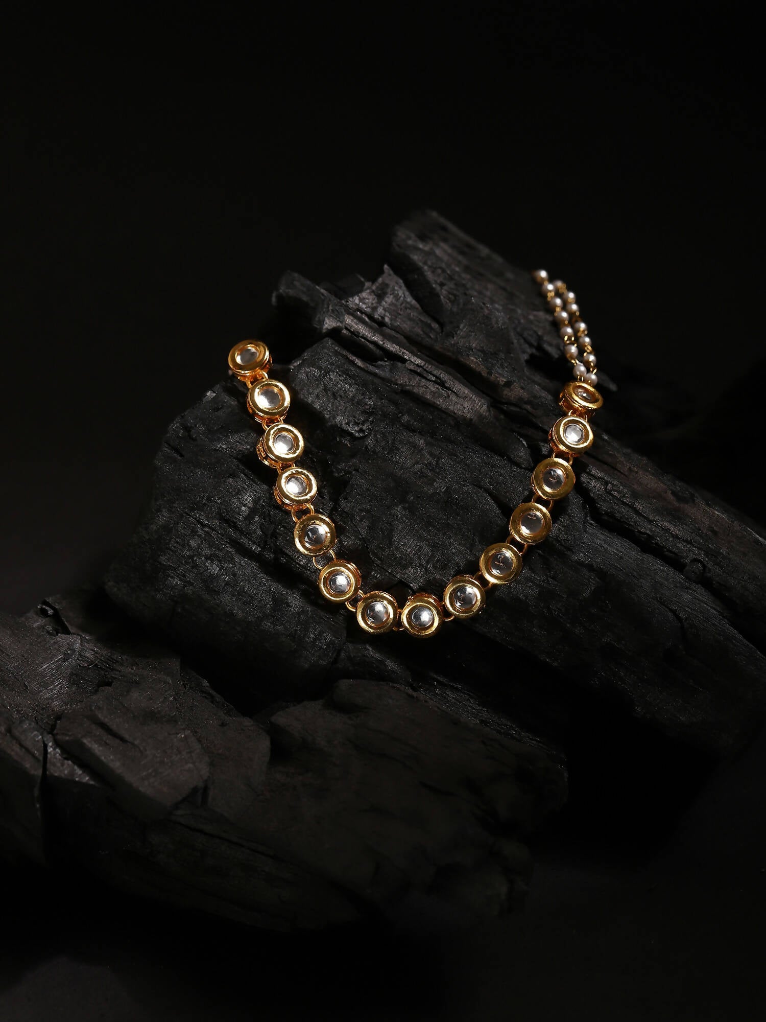 Gold-Polished White Kundan-Studded Pearl Beaded Matha Patti - Ruby Raang | Swadesiicart