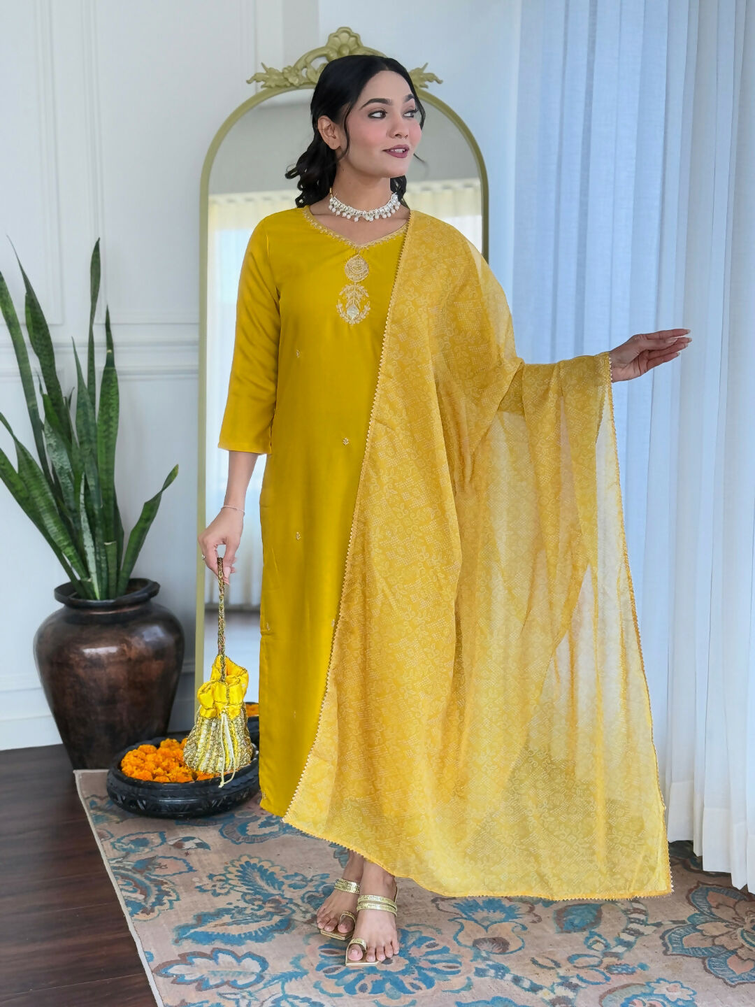 The52 Yellow Women's Beautiful Embroidered Rayon Fabric with Straight Kurta, Pant and Dupatta Set - Swadesiicart