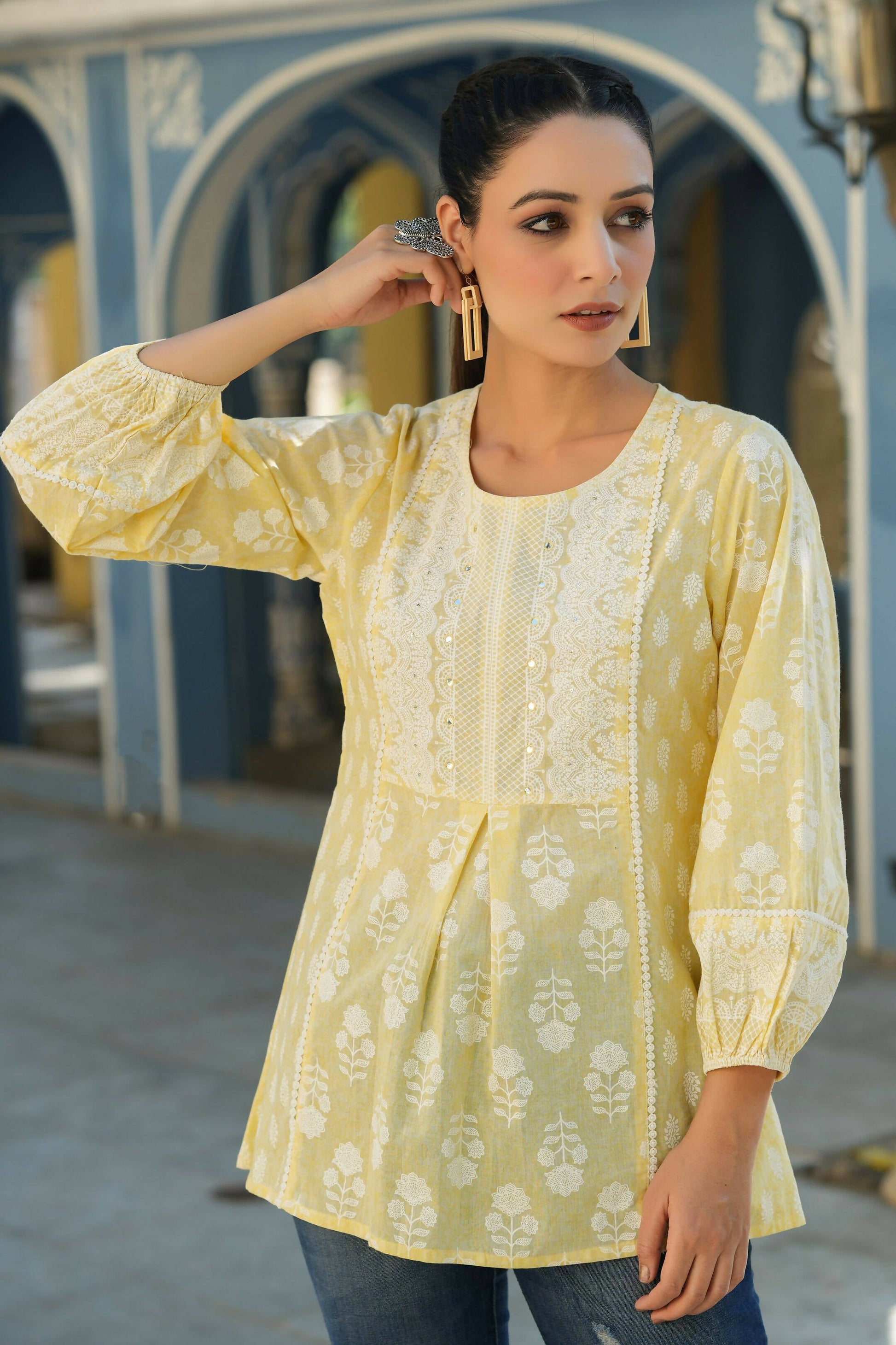 Juniper Women's Lemonyellow Printed A-Line Tunic | Swadesiicart