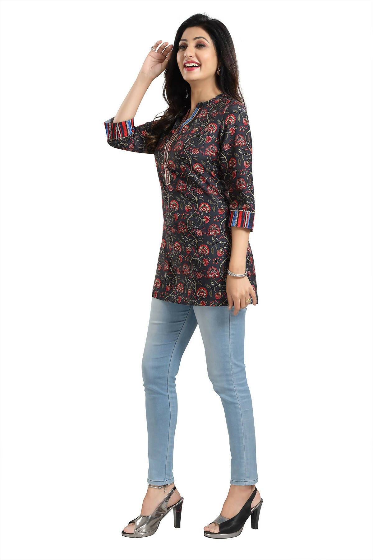 Snehal Creations Blissful Black Rayon Short Kurti Tunic Top - Swadesiicart
