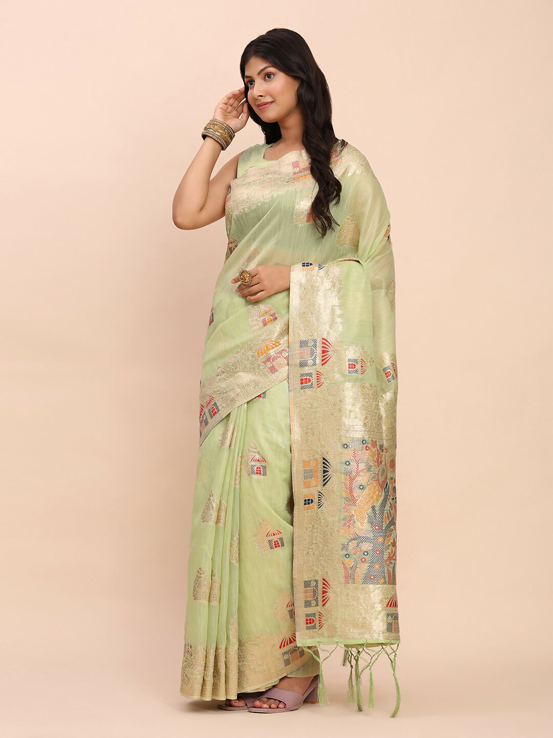 Shree Shyam Fashion Linen Cotton Light Green Saree