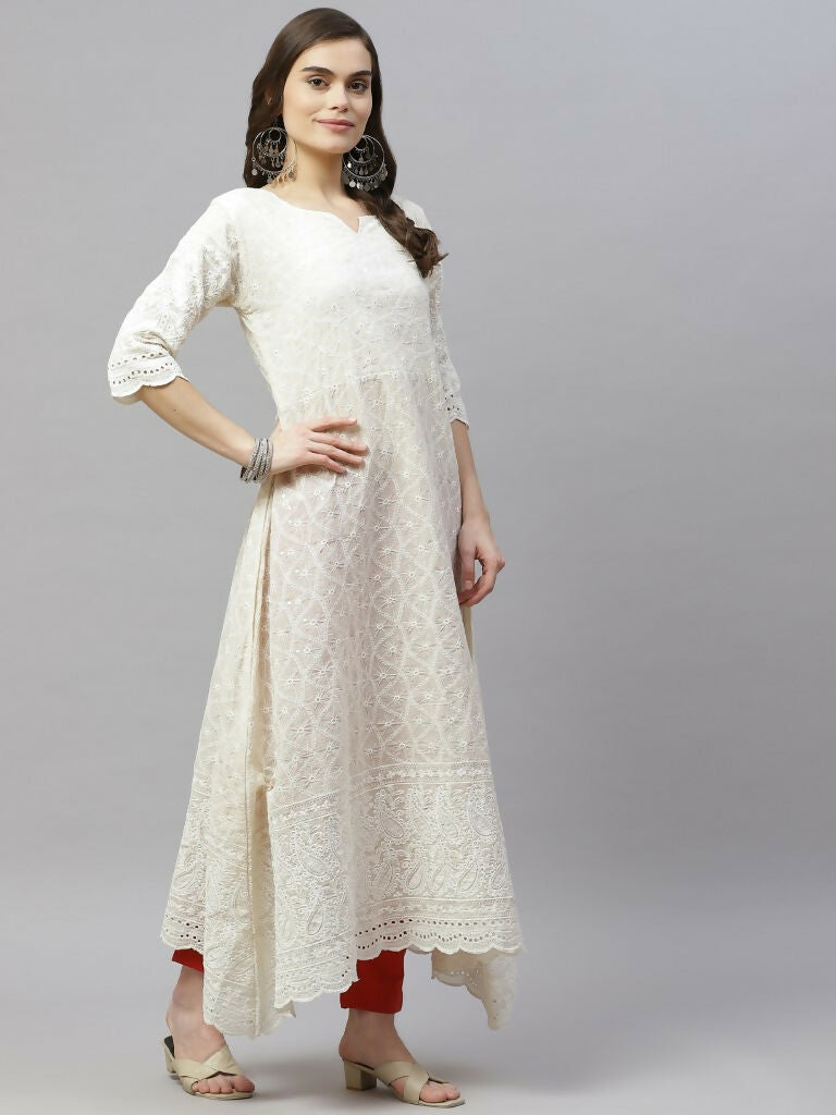Miravan Women's Beige Embroidered Chikankari Kurta & Dupatta | Swadesiicart