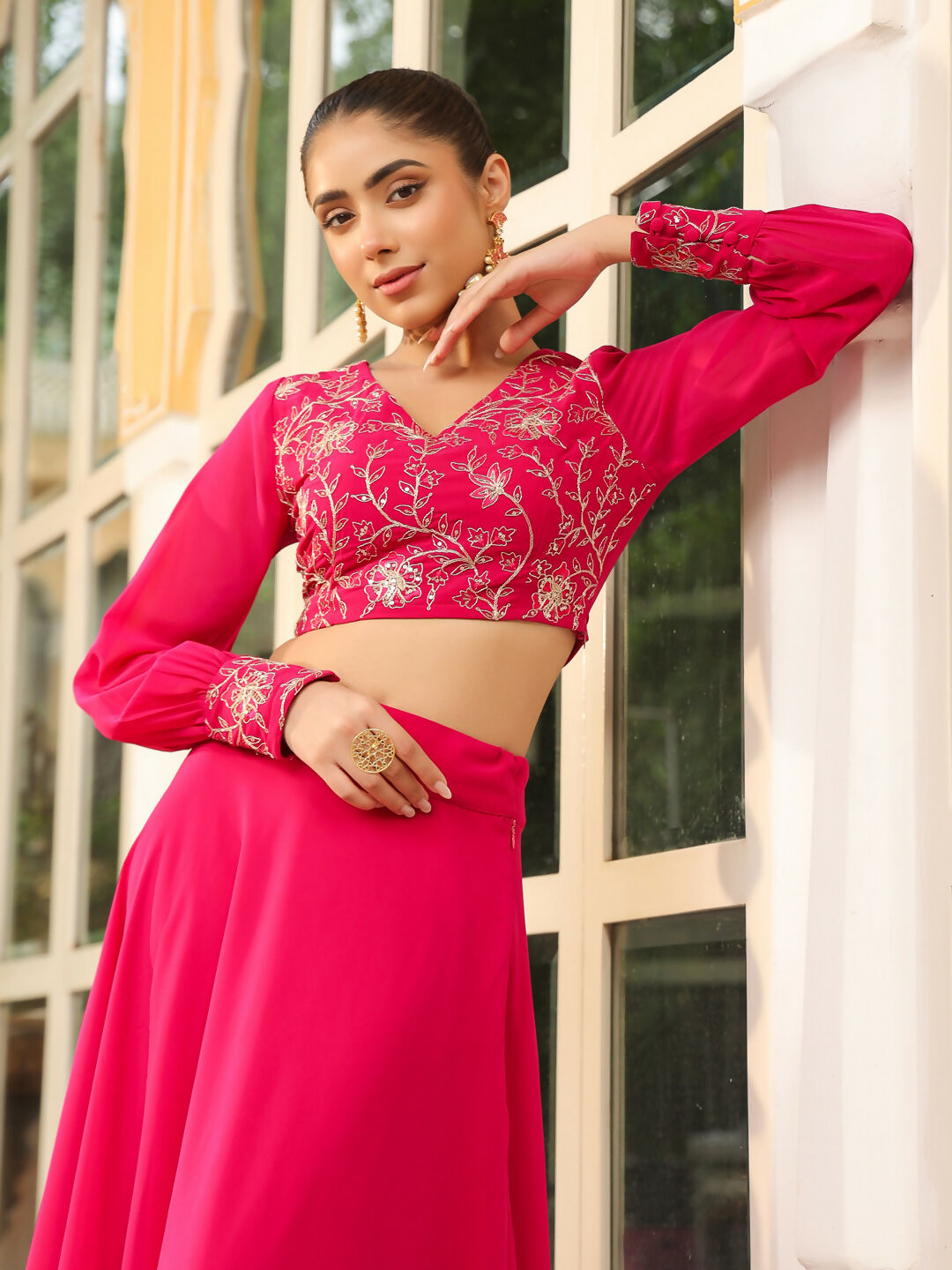 Janasya Pink Georgette Embroidered Top & Skirt | Swadesiicart