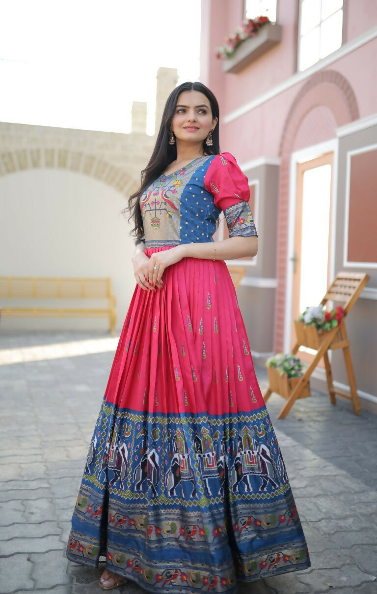Jyoti Fashion Women's Rani Pink Patola with Foil Print Dola Silk Anarkali Dress | Swadesiicart