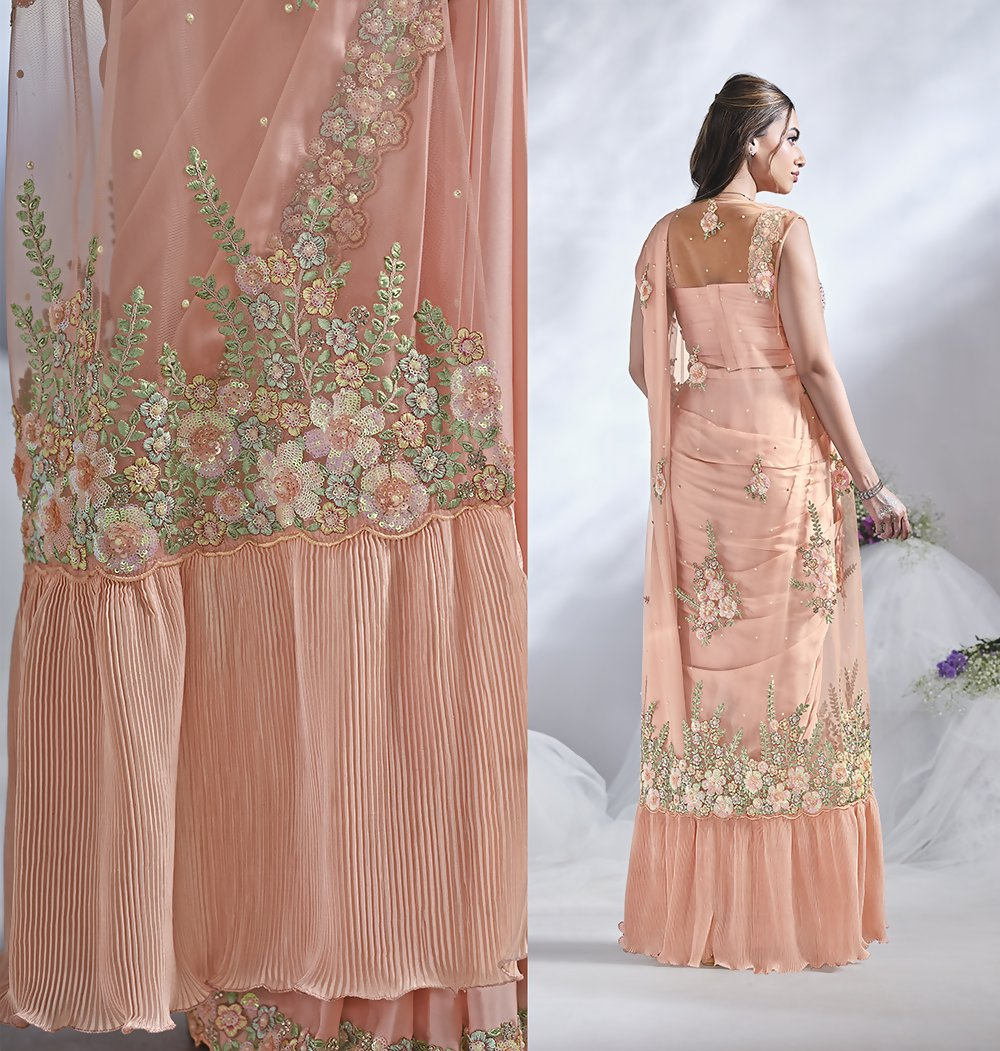 Peach Crepe Satin Silk Designer Ready to wear saree with stithced Blouse - Mohmanthan Aura | Swadesiicart